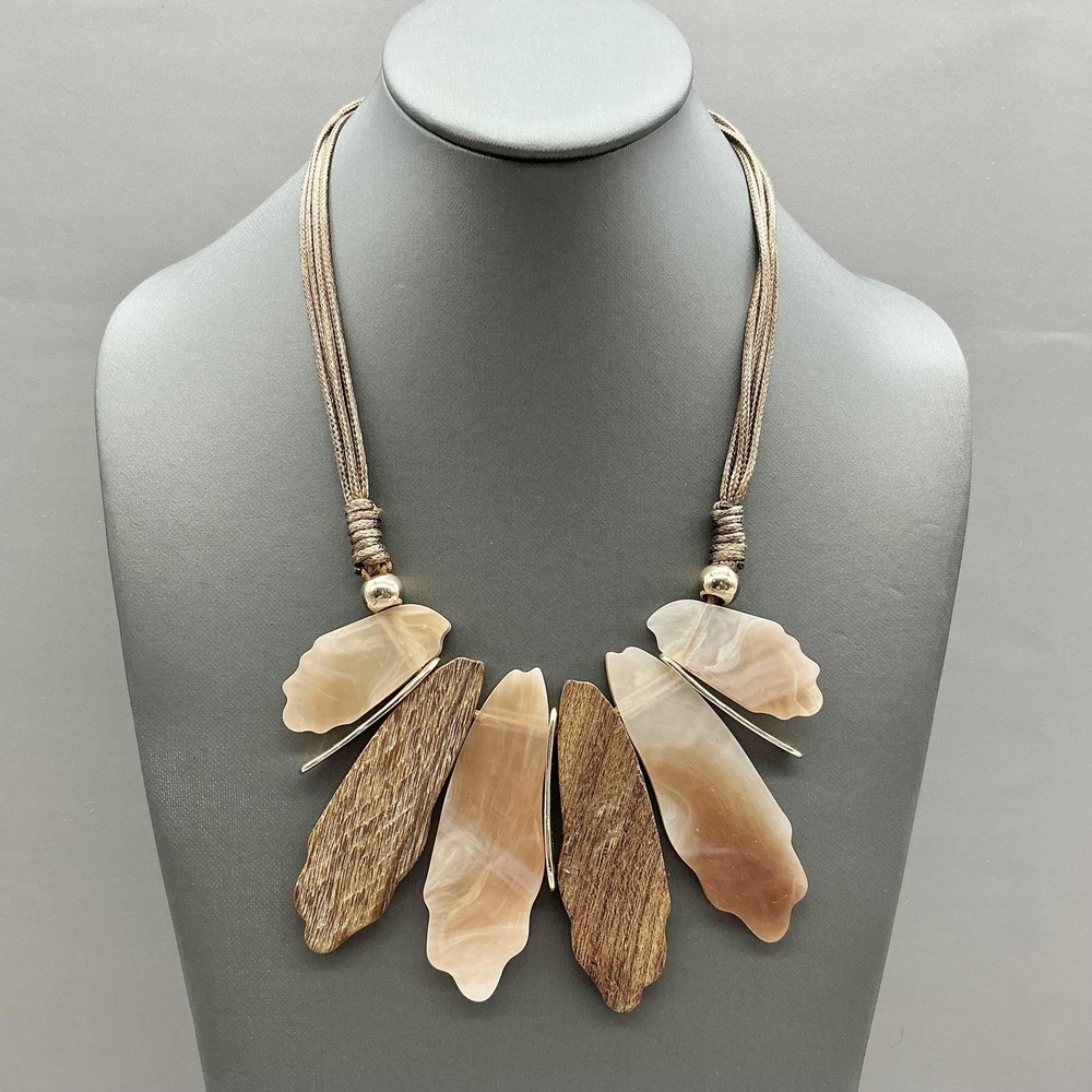 Necklace Brown Wood Cream Resin Bib Statement Cord Womens Adjustable 20 Inch